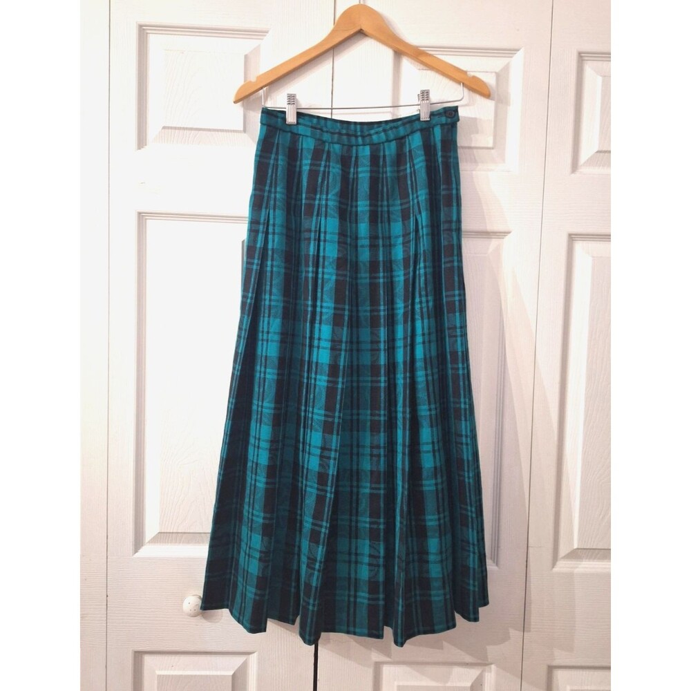 NWOT Pendleton 100% Virgin Wool Green Black Plaid Pleated Midi Skirt Sz 8 Tartan